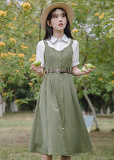 Pinstripe Button Up Scallop Cami Dress