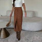 Work Dress: Brown Slit And Body-Hugging Skirt