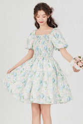 Pastel Rose Garden Puff Sleeve Mini Dress