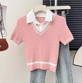 Knitted Polo Cropped Twofer Blouse
