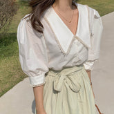 Crochet Trim Puff Sleeve Cropped Blouse