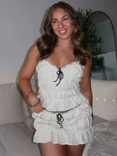 Lase-up Sweet Shirring 2 Piece Set Low-Neck Backless Ruched Camisole+Tierred Skirts Y2K Streetwear