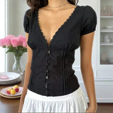 Coquette Shirt y2k Clothes Deep V Neck Lace Trim Single Breasted Short Sleeve Blouse Crop Top Club Streetwear