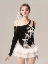 Voguable Lace Fake Two Piece Blouse Japanese Style Bow Kawaii Y2k T Shirt Spicy Girl Aesthetics Slim Tees Chic