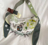 Harajuku Y2k Aesthetic Ins Underarm Bag Contrast Color Plaid Rabbit Ear Canvas Bag Grunge Patchwork Lace Shoulder Handbags