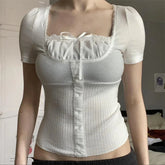 Fairycore Top y2k Coquette Clothes Lace Trim Square Collar Short Sleeve T Shirt 2000s Aesthetic Clothing