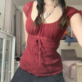 Elegant Lady Square Collar T-shirt Kawaii Bow Short Sleeve Pullovers Tees Y2K Vintage Fairy Grunge Crop Top Retro Clothes