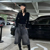 Voguable Vintage Washed Black Denim Pants High Waist Loose Wide Leg Y2k E-Girl Unisex A-line Calf- Length Chic