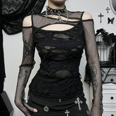 Gothic Chick Tops Y2k Personalized Dark Wind Slim Grid Hole Breaking Long Sleeve Tops FeTide