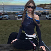 American Retro Patchwork Graphic T Shirts Woman Clothing One Shoulder Long Sleeve 2000s Clothes Y2k Tops