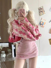 Korean Outfits Pink Plaid Cardigan + White Vest + Mini Skirts Japanese Sweet Y2k Short Party Suits