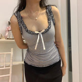 Voguable Y2K Checkerboard Tank Top Ruffle Square Collar Plaid Sleeveless Tops Coquette Aesthetic Contrast Bow Slim-fit Camisole