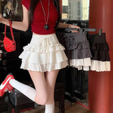 Sweet Lace Up Mini Skirt Y2K Lace Patchwork A-Line Skirts High Waist Kawaii Lolita Preppy All Match Tutu Skirts