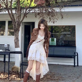 Voguable Y2K 2000S Irregular Midi Dress Fairy Lace Patchwork Strap One Pieces Dresses Vacation Korean Bodycon Vestidos