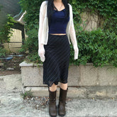 Voguable Y2K Striped Chiffon Midi Skirt Fairycore Grunge Straight Long Skirts Vintage Aesthetic Bow High Waist Skirts Holiday