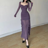 Y2k Gentle Temperament Ruffled Square Collar Slit Dress FeCross-Border Solid Color Long Sleeve Strap Wrapped Hip Long Dress