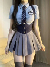 Voguable College Style JK Uniform Set Slim Shirt with Striped Tie Y2K Girls High Waist A- Line Pleated Skirt Suit