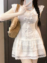Voguable Y2k Coquette White Lolita Sweet White Kawaii Cute Mini Dress Lace Bow Princess Slip Lace Short Dresses Fashion