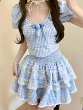 Voguable Lolita Kawaii Suit Woman Lace Sweet Plaid Set Casual Short Tops Princess Party Y2k Mini Skirt Clothing Chic
