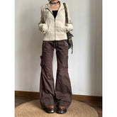 Brown Spliced High Rise Flare Jeans for Streetwear Y2K Aesthetic Cargo Jean Pants Vintage Denim Trousers Grunge Fairycore