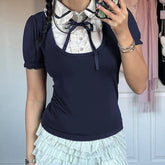 Voguable Preppy Style Contrast Patchwork Bow Peter Pan Collar Top Cute Puff Sleeve T-shirt Y2K