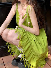 Y2k Leisure Holiday Wind Fruit Green Dress Cool Feel Lazy Wind Hollow Pendant Feeling Suspender Long-Short Dresse