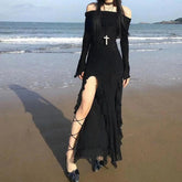French Elegant Off Shoulder Midi Dress Y2K Black Gothic Irregular Split Long Sleeve Dress Ladies Beach Slim Party Vestidos