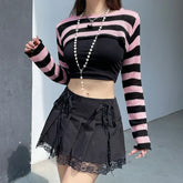 Voguable y2k Pink And Black Contrast Color Super-short Sweater Pullovers Dark Academia Cute Knitted Smock Tops Kawaii Jumper New