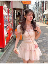 Voguable Sweet Square Neck 2 Piece Dress Set Short Sleeve Y2k Crop Tops + Casual Mini Skirt Korean FeSuit