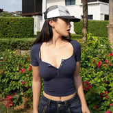 Y2K V Neck Crop Top Low Cut Skinny Button Up Cropped T Shirts Streetwear Solid Short Sleeve Tees