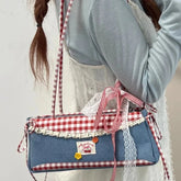 Kawaii Sweet Contrast Color Plaid Handbags Vintage Patchwork Denim Underarm Bag Y2k Aesthetic Luxury Design Shoulder Bags