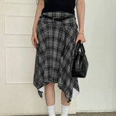 Preppy Style Plaid Print Skirt Grey Low Rise Loose Irregular A-line Midi Skirts Harajuku Clothes y2k Streetwear New