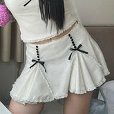 Voguable Cute Lace Bow Patchwork Mini Skirt White Japanese Style High-waisted A-line Skirts Coquette Y2K Bottoms Lolita Girls
