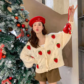 Winter Strawberry Knitting Cardigan Y2K Loose Long Sleeve Thicken Warm Sweater Korean Chic Preppy Sweater
