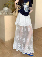 French Elegant Lace Midi Skirts Chic Patchwork Mesh Y2K FeHigh Waist Jacquard All Match A Line Skirts