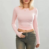 y2k Crop Tops Solid Color Round Neck Long Sleeve Tshirt 2000s Tees Casual Clothing Streetwear