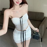 y2k Outfit Set Coquette Clothing Off Shoulder Strapless Tube Top and Mini Skirt with Bow 2000s Clothes Streetwear