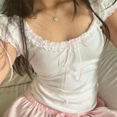 Fairycore Crop Top y2k Clothes Lace Trim Scoop Neck Knitted T Shirt with Bow 2000s Clothing Sweet Streetwear