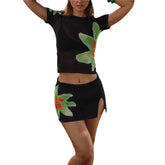 y2k Outfits 2 Piece Set Floral Print Short Sleeve Tank Top and Short Skirt 2000s Aesthetic Clothing Streetwear