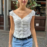 y2k Tank Top Clothes Solid Color Cap Sleeve Button Down Slim Fit Frill T Shirt 2000s Vest Streetwear