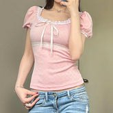 Voguable Coquette Aesthetic Jacquard Heart-shape T-shirt Y2K Japanese Kawaii Contrast Lace Stitching Bow Tops New