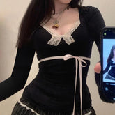 Voguable Y2K Contrast Color Lace Patchwork Top Ribbon Lace-up Bow Coquette T-shirts Cute Causal Basics Tees