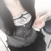 Voguable Y2K Polka Dot Print Contrast Patchwork Knitted Tops Grey Cute Bow T-shirts Slim-fit Long Sleeve Knitwear