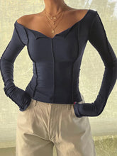 T-shirt Long Sleeve Boat Neck Spliced Slim Fit Shirts Solid Color Korean Kawaii Y2K Crop Tops Streetwear