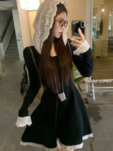 French Lace Patchwork Y2K Dress Hooded Long Sleeves Slim Waist A-Line Short Skirt Chic Vestidos