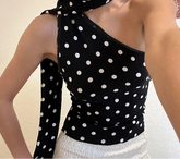 Asymmetrical Polka Dot Tank Top with Scarf Chic Sleeveless Skinny Black Cropped Tops Casual Streetwear Tee y2k Vest
