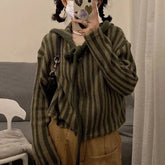 Korean Hooded Loose Harajuku Sweaters Striped Zipper Cardigan Knitted Gothic Y2k Tops Jumper