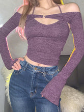 Y2K Top Long Sleeve T-Shirts 2 Piece Tops Halter Tanks Backless Crop Top Off Shoulder Tees Christmas Clothes