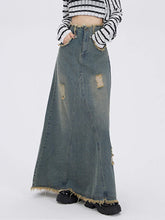 Ripped Denim Skirt for High Waisted Slit Cut Chic A-Line Long Skirt Basic Vintage Y2k Pocket Korean Skirt