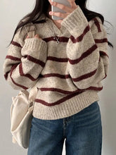 Large size Korean style lapel slimming contrast striped sweater winter long-sleeved loose pullover sweater y2k tops